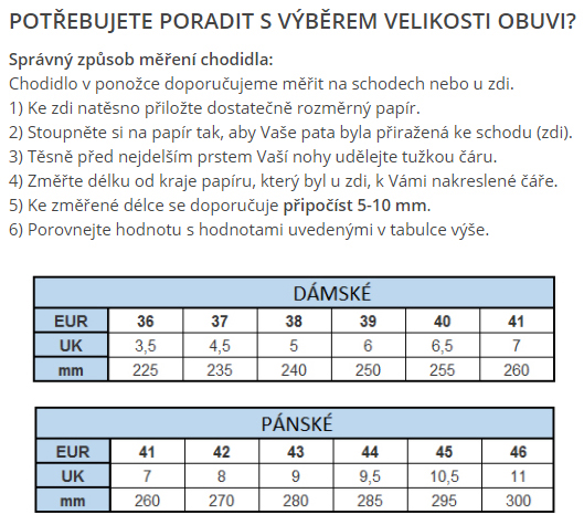 Velikostní tabulka pantofle dospělé 36-41